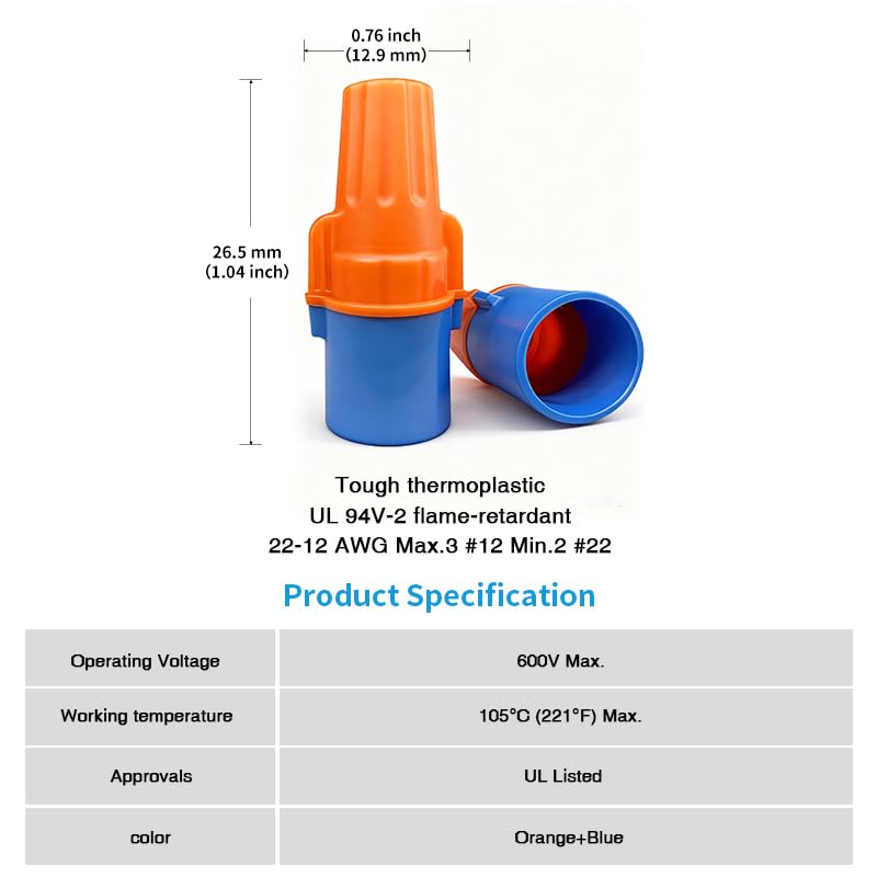 DICIO Winged Wire Connectors, Easy Twist-on Screw on Ribbed Cap for Quick Connection, Orange/Blue, Flexible Steel Spring Connectors, Copper, UL Listed, Pouch of 100, 22-12 AWG - Image 2